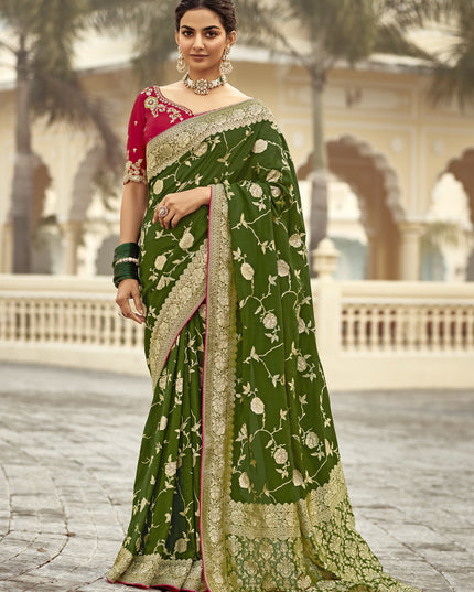 Olive Green Dola Silk Wedding Saree with Embroidered Blouse