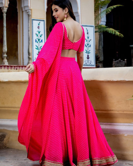 Hot Pink Georgette Leheriya Print Festival Lehenga Choli