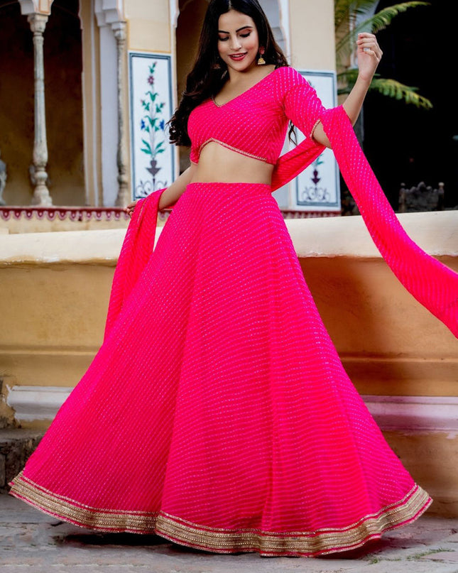 Hot Pink Georgette Leheriya Print Festival Lehenga Choli