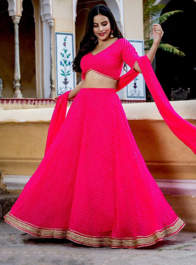 Hot Pink Georgette Leheriya Print Festival Lehenga Choli