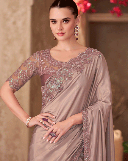 Luxurious Dusty Peach Crepe Heavy Designer Saree