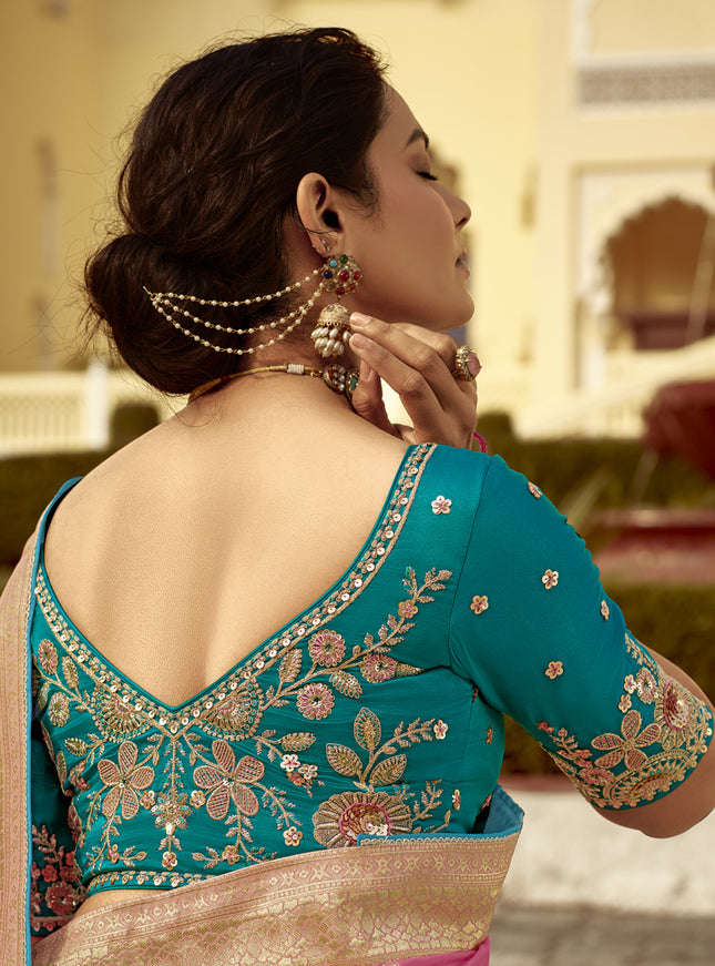 Cherry Pink Dola Silk Wedding Saree with Embroidered Blouse