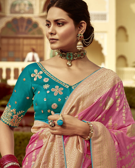 Cherry Pink Dola Silk Wedding Saree with Embroidered Blouse