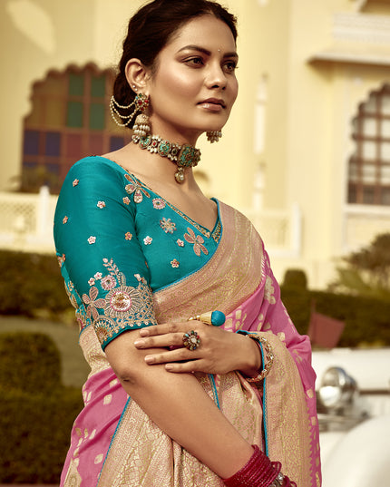 Cherry Pink Dola Silk Wedding Saree with Embroidered Blouse