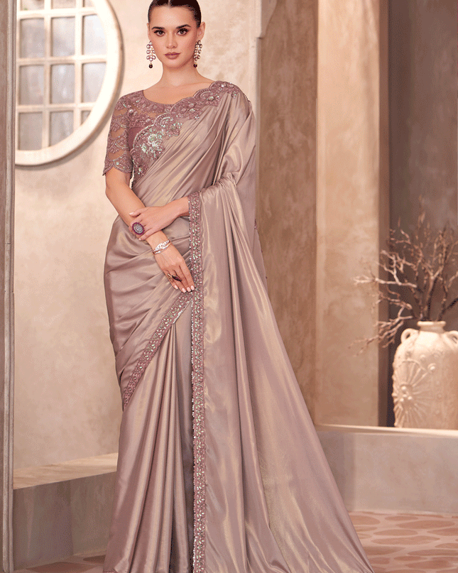 Luxurious Dusty Peach Crepe Heavy Designer Saree
