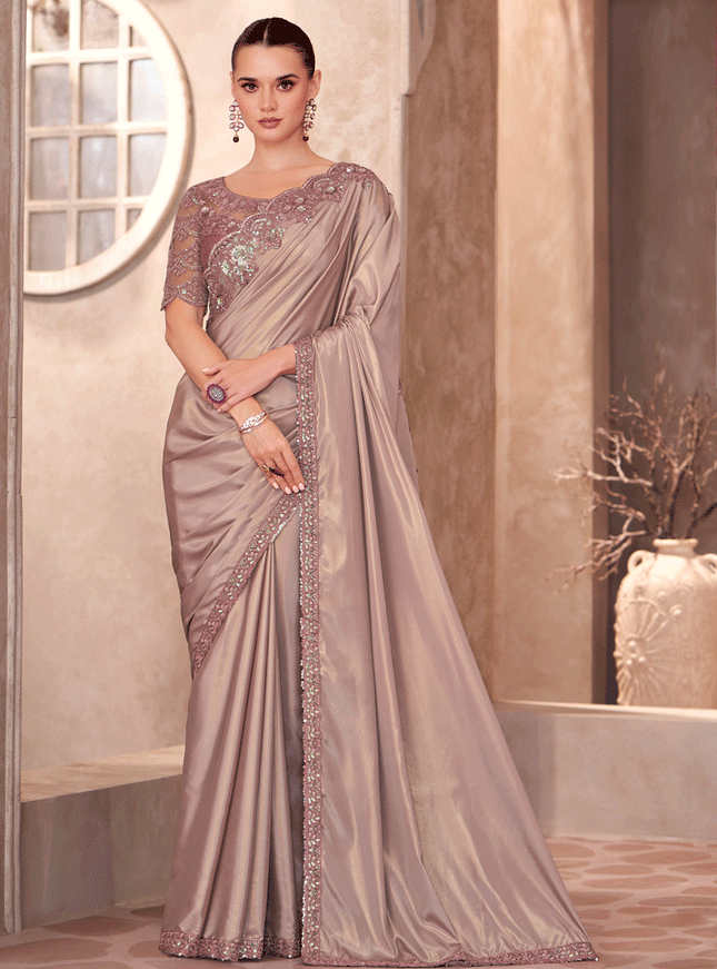 Luxurious Dusty Peach Crepe Heavy Designer Saree