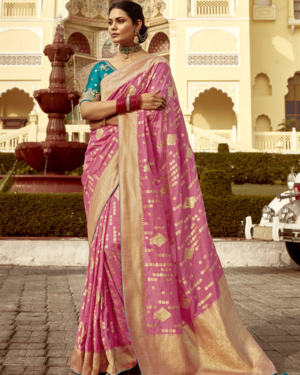Cherry Pink Dola Silk Wedding Saree with Embroidered Blouse