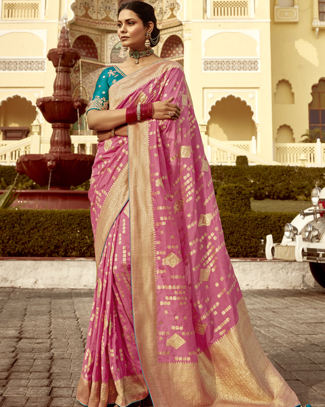 Cherry Pink Dola Silk Wedding Saree with Embroidered Blouse