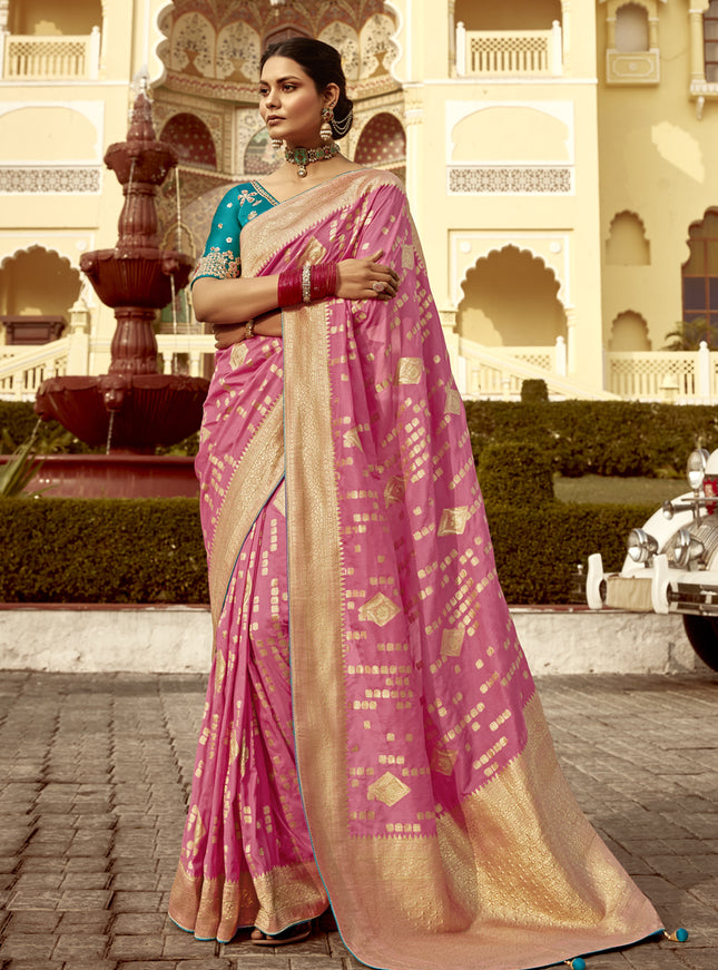 Cherry Pink Dola Silk Wedding Saree with Embroidered Blouse