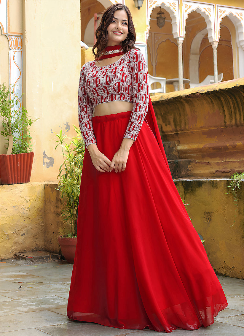Lovely Red Heavy Lehenga Choli Set for Festival