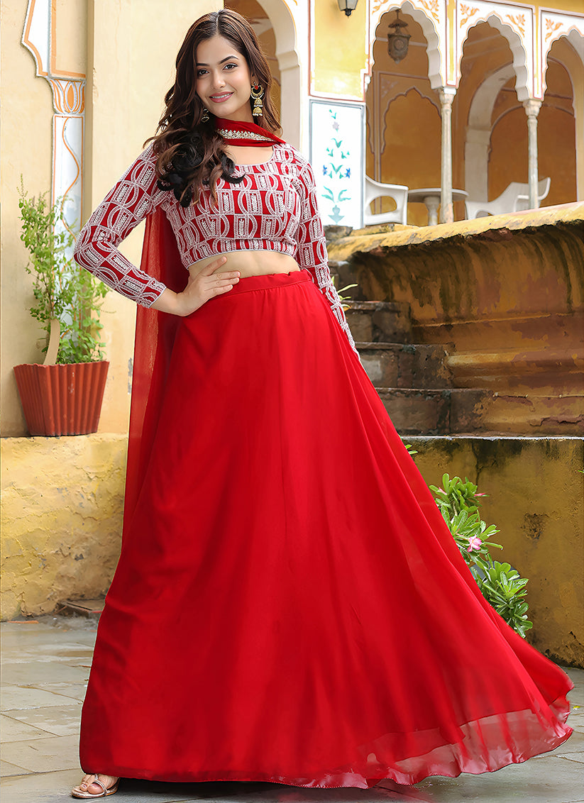 Lovely Red Heavy Lehenga Choli Set for Festival