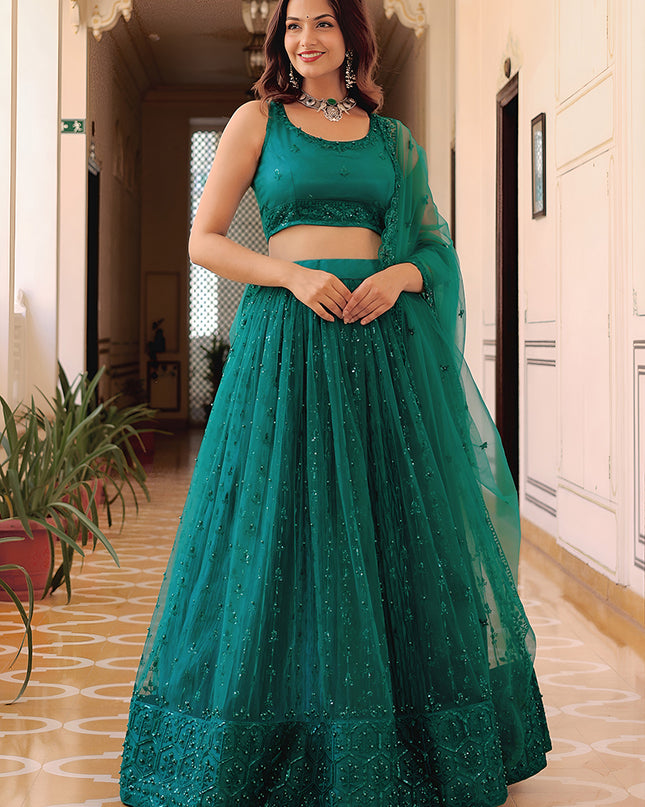 Charismatic Teal Green Embroidered & Heavy Sequins Lehenga Choli Set