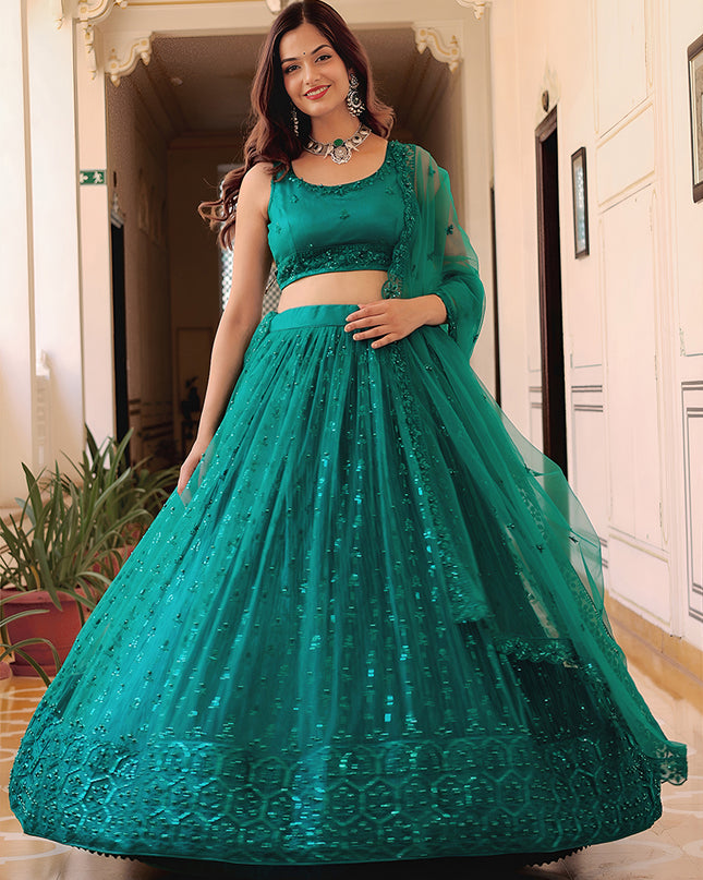 Charismatic Teal Green Embroidered & Heavy Sequins Lehenga Choli Set