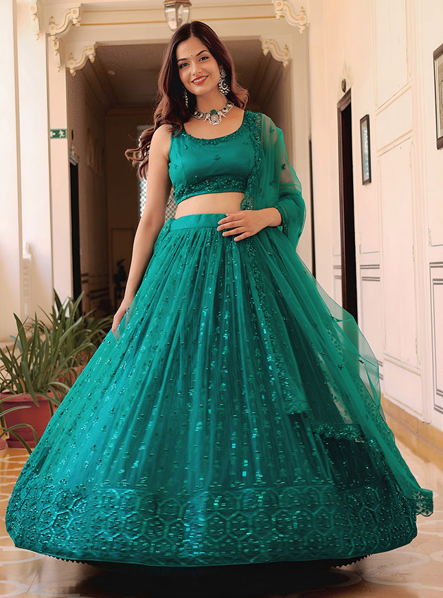 Charismatic Teal Green Embroidered & Heavy Sequins Lehenga Choli Set