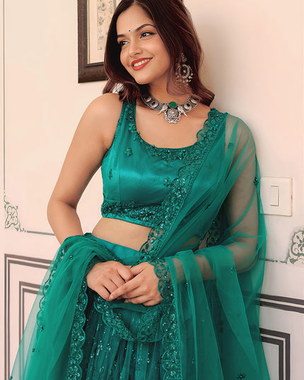 Charismatic Teal Green Embroidered & Heavy Sequins Lehenga Choli Set