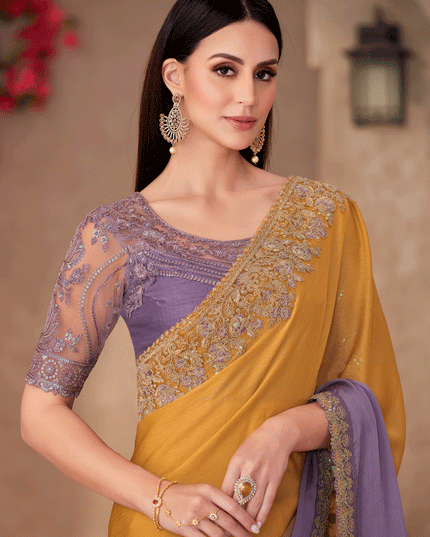 Striking Purple and Mustard Shadded Chiffon Heavy Designer Saree