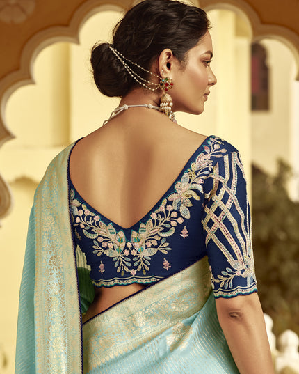 Ice Blue Dola Silk Wedding Saree with Embroidered Blouse