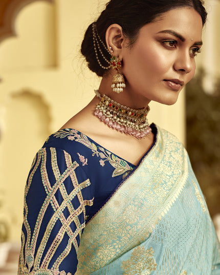 Ice Blue Dola Silk Wedding Saree with Embroidered Blouse
