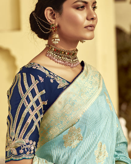Ice Blue Dola Silk Wedding Saree with Embroidered Blouse