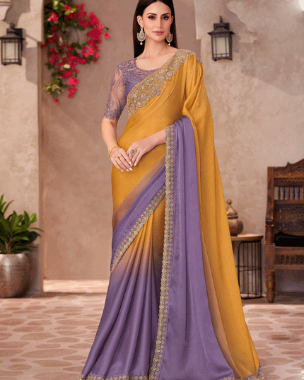 Striking Purple and Mustard Shadded Chiffon Heavy Designer Saree