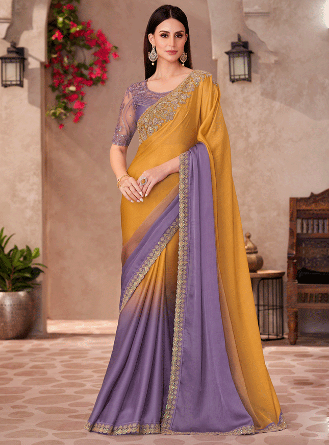 Striking Purple and Mustard Shadded Chiffon Heavy Designer Saree