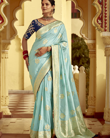 Ice Blue Dola Silk Wedding Saree with Embroidered Blouse
