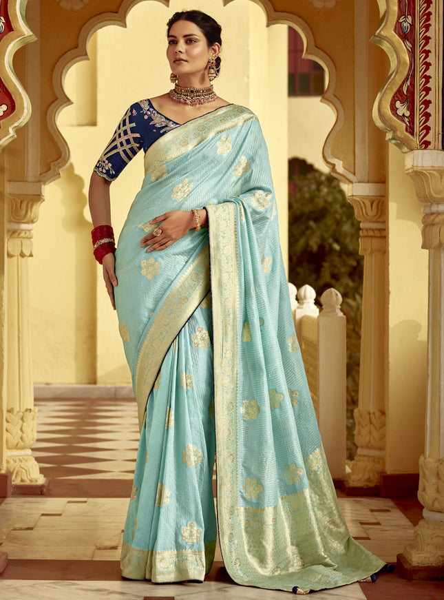 Ice Blue Dola Silk Wedding Saree with Embroidered Blouse