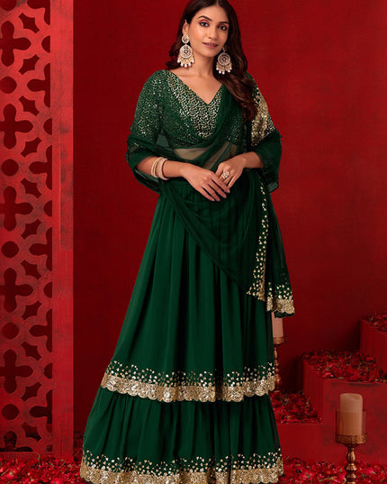 bottle green georgette sequins work lehenga choli