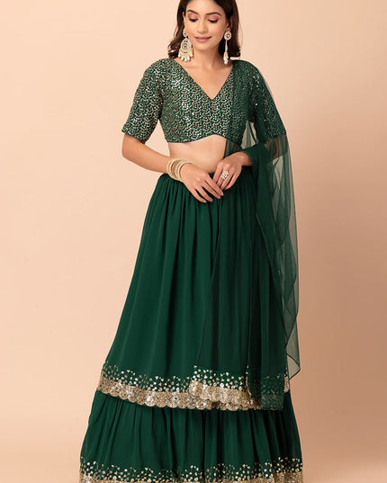 bottle green georgette sequins work lehenga choli