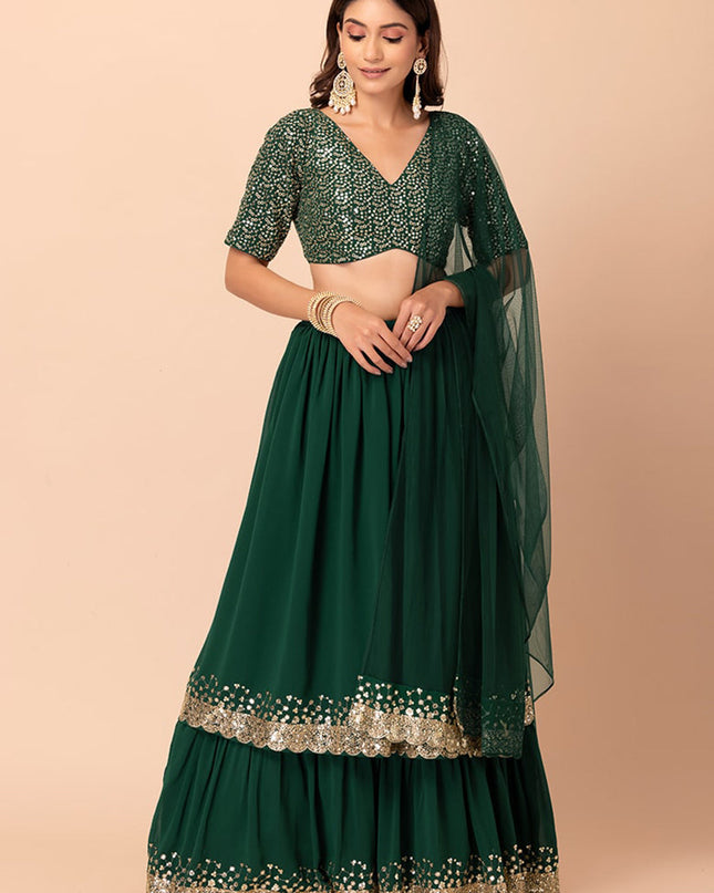 bottle green georgette sequins work lehenga choli