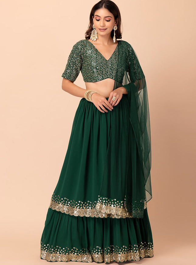 bottle green georgette sequins work lehenga choli
