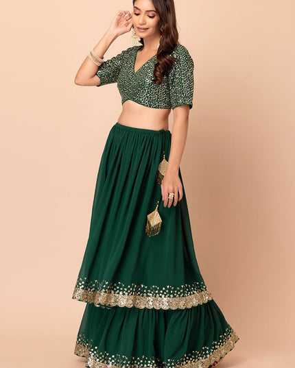 bottle green georgette sequins work lehenga choli