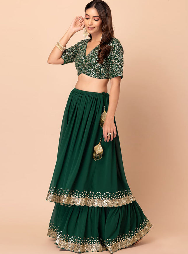bottle green georgette sequins work lehenga choli