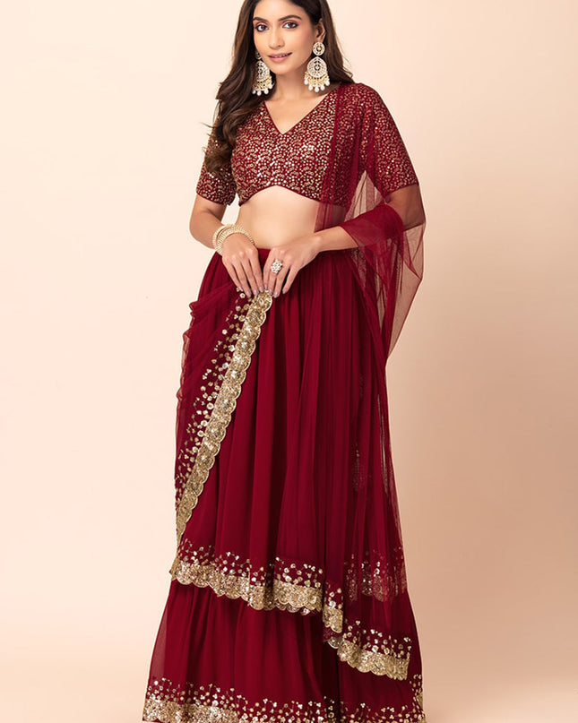 berry red georgette sequins work lehenga choli