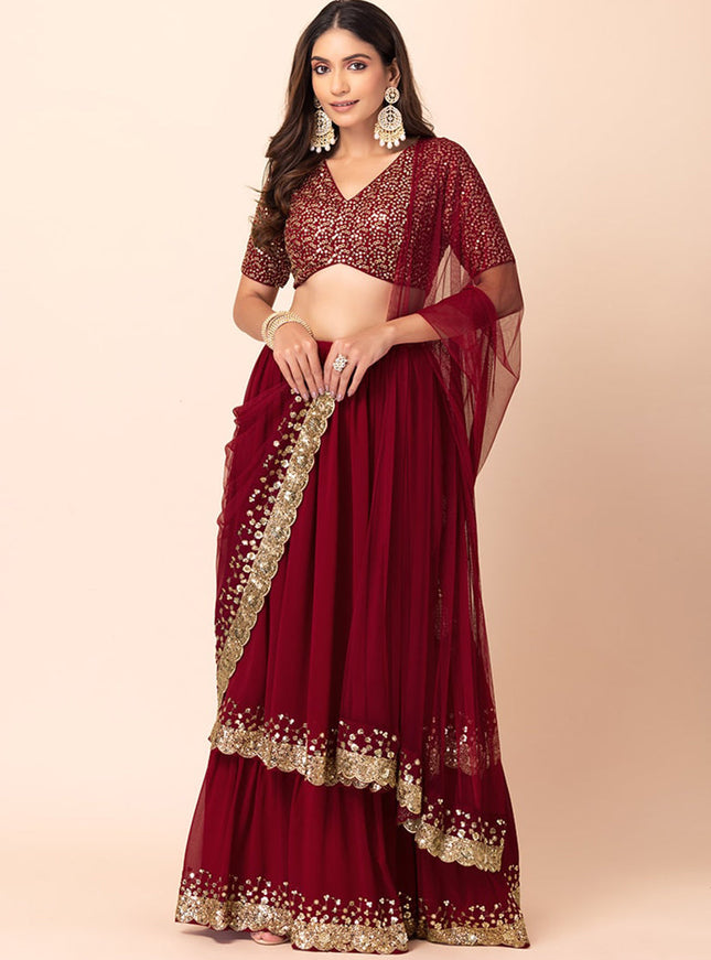 berry red georgette sequins work lehenga choli