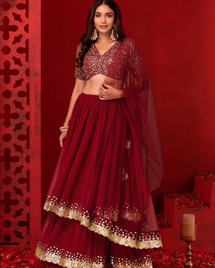 berry red georgette sequins work lehenga choli