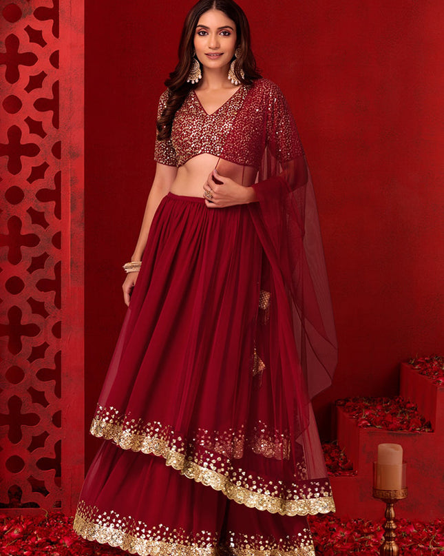 berry red georgette sequins work lehenga choli