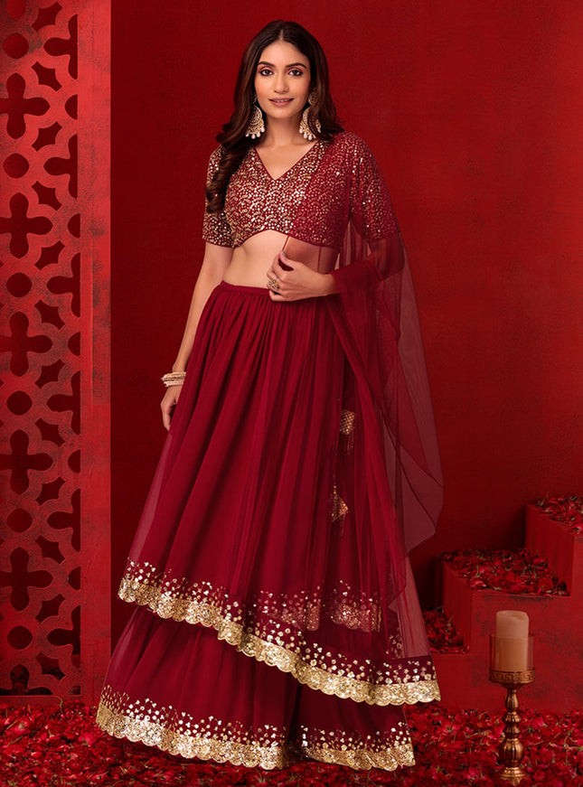 berry red georgette sequins work lehenga choli