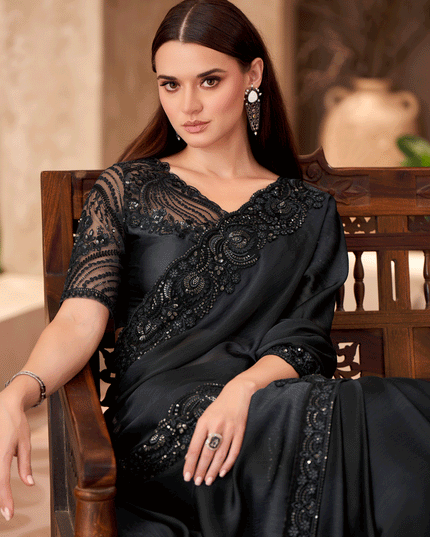 Vibrant Black Sparkle Chiffon Heavy Designer Saree