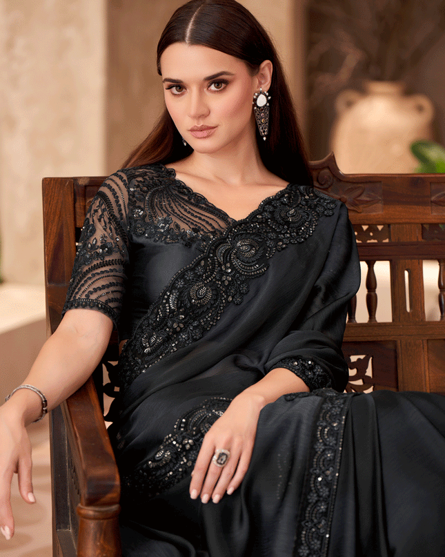 Vibrant Black Sparkle Chiffon Heavy Designer Saree