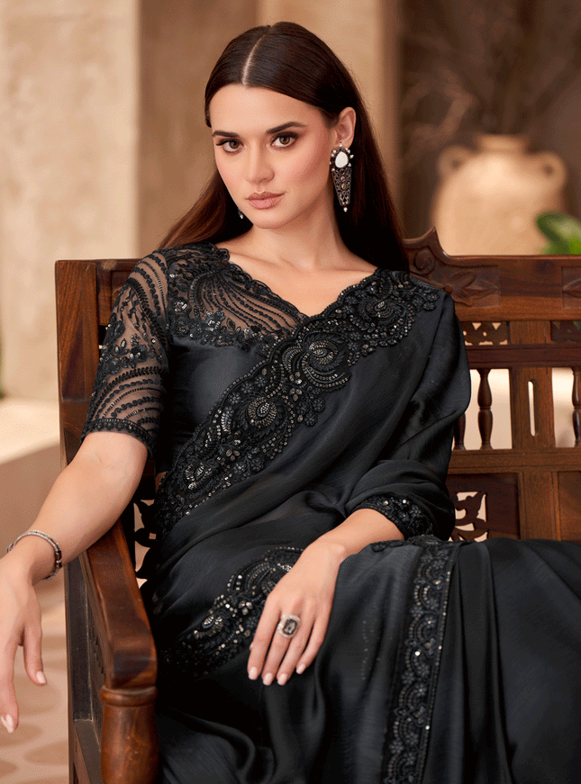 Vibrant Black Sparkle Chiffon Heavy Designer Saree