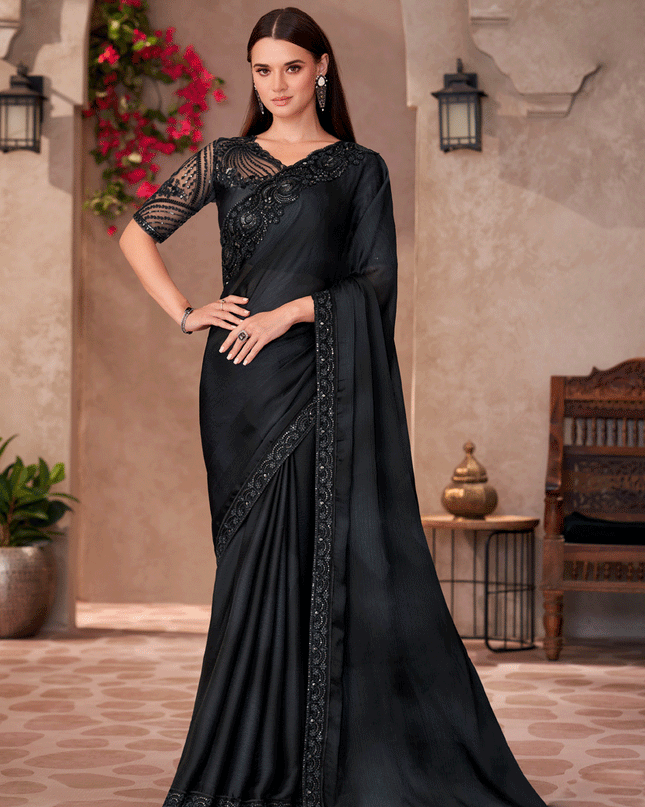 Vibrant Black Sparkle Chiffon Heavy Designer Saree