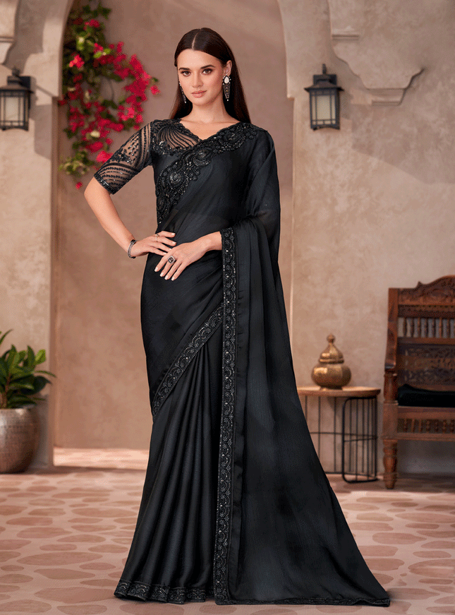 Vibrant Black Sparkle Chiffon Heavy Designer Saree