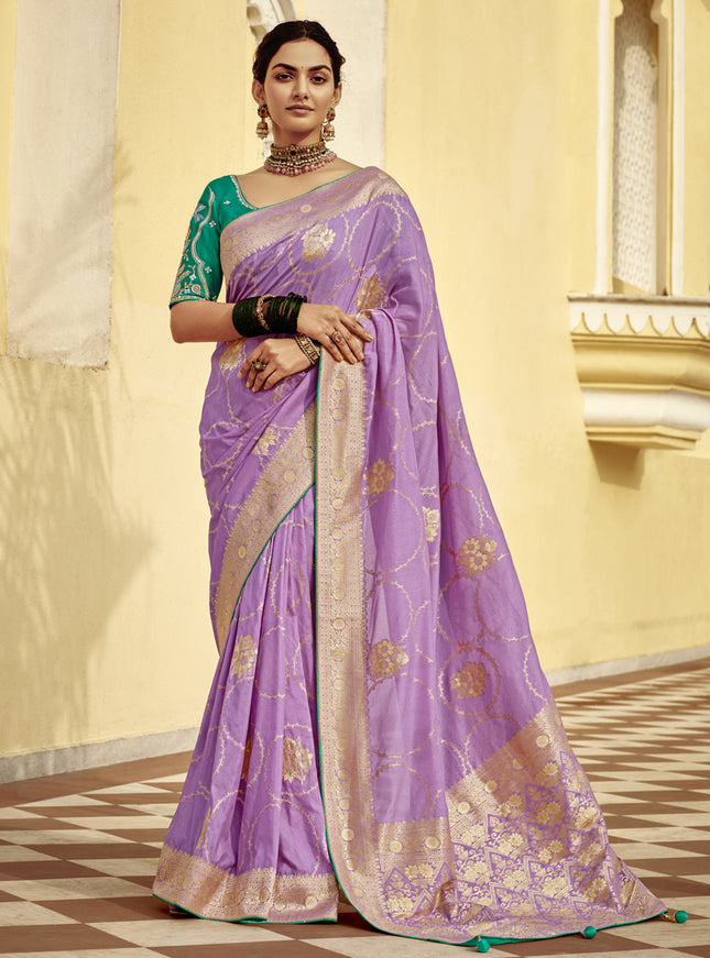 Lilac Dola Silk Wedding Saree with Embroidered Blouse