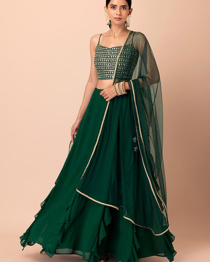bottle green georgette sequins work lehenga choli