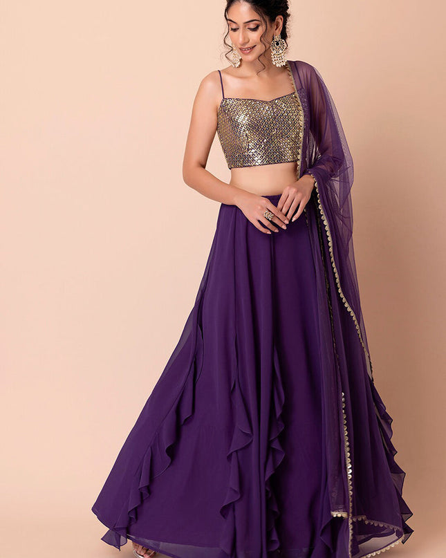 purple georgette sequins work lehenga choli
