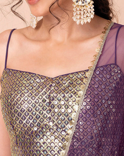 purple georgette sequins work lehenga choli