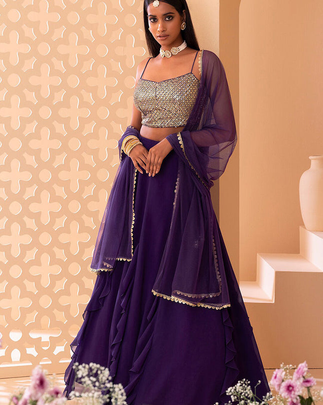 purple georgette sequins work lehenga choli