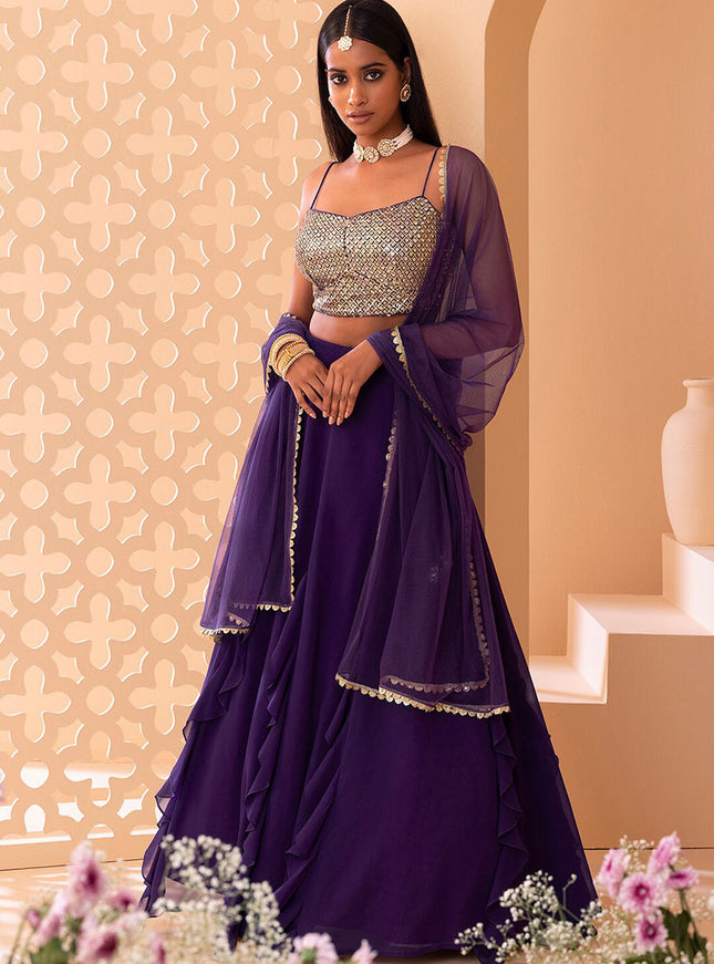 purple georgette sequins work lehenga choli