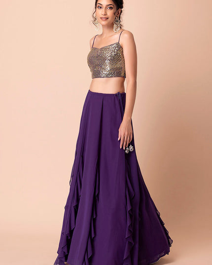 purple georgette sequins work lehenga choli